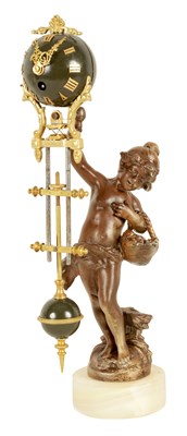 Lot 660 - AN EARLY 20TH CENTURY FRENCH BRONZED METAL SWINGING MYSTERY CLOCK