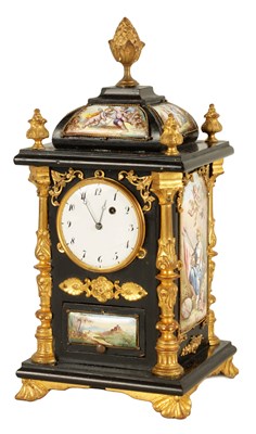 Lot 810 - A LATE 19TH CENTURY AUSTRIAN VIENNESE EBONISED AND ENAMEL MANTEL CLOCK