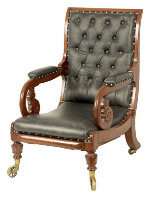 Lot 870 - A 19TH CENTURY FIDDLE BACK MAHOGANY RECLINING LIBRARY CHAIR BY ROBERT DAWES