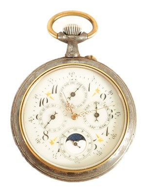 Lot 60 - A LARGE EARLY 20TH CENTURY GUN METAL AND GILT DIAL MOON PHASE CALENDAR POCKET WATCH WITH INTERESTING INSCRIPTION