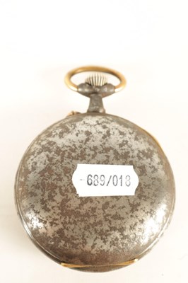Lot 262 - A LARGE EARLY 20TH CENTURY GUN METAL AND GILT DIAL MOON PHASE CALENDAR POCKET WATCH WITH INTERESTING INSCRIPTION