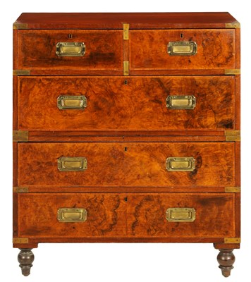 Lot 1166 - A 19TH CENTURY BURR WALNUT BRASS BOUND CAMPAIGN CHEST