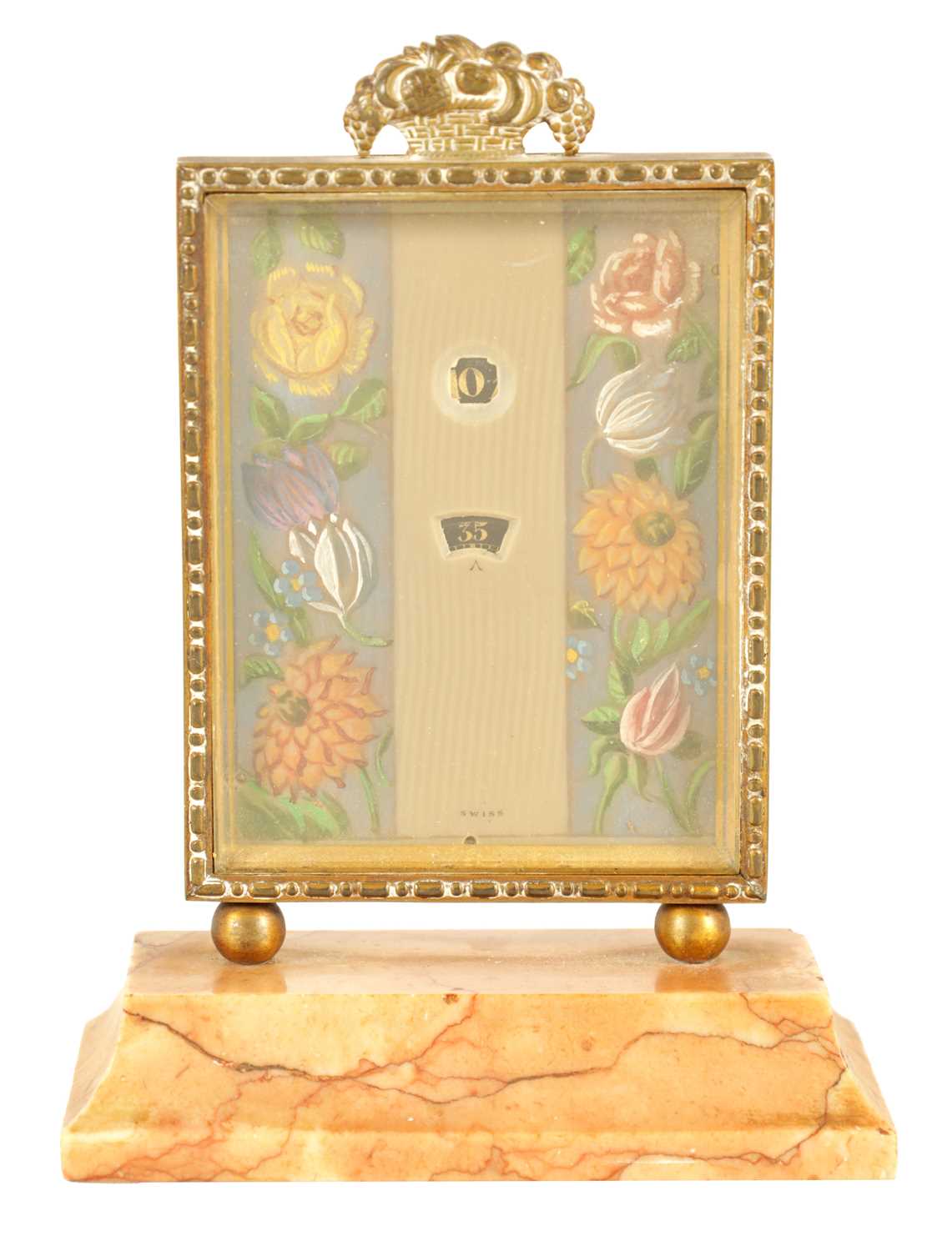 Lot 965 - A SMALL VINTAGE SWISS ORMOLU AND PINK MARBLE DESK CLOCK