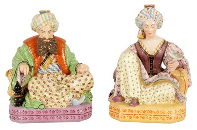 Lot 57 - A PAIR OF 19TH CENTURY FRENCH FIGURAL PORCELAIN PERFUME BOTTLES BY JACOB PETIT