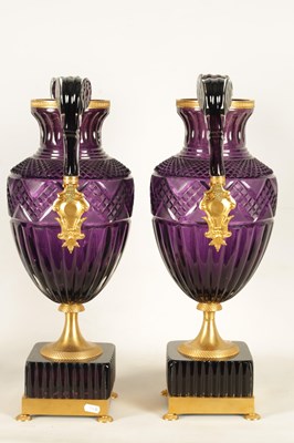 Lot 17 - A LARGE PAIR OF LATE 19TH/EARLY 20TH CENTURY RUSSIAN ORMOLU MOUNTED AMETHYST CUT-GLASS