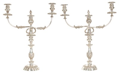 Lot 357 - A LARGE PAIR OF GEORGE IV SHEFFIELD PLATE TWO BRANCH CANDELABRA