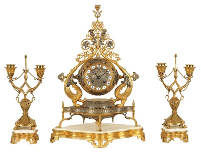 Lot 913 - A LATE 19TH CENTURY FRENCH SILVERED AND GILT BRONZE PERSIAN STYLE CLOCK GARNITURE