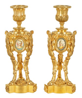 Lot 688 - A PAIR OF 19TH CENTURY FRENCH ORMOLU AND PORCELAIN PANELLED CANDLESTICKS