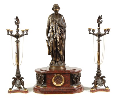 Lot 390 - A FINE LARGE 19TH CENTURY FRENCH EMPIRE BRONZE AND GILT BRONZE THREE PIECE ROUGE MARBLE FIGURAL CLOCK GARNITURE