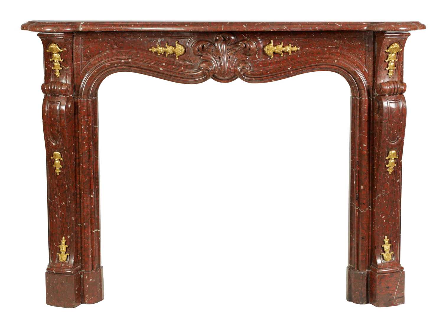 Lot 627 - A FINE 19TH CENTURY FRENCH ROUGE MARBLE AND ORMOLU MOUNTED SERPENTINE ROCOCO FIRE PLACE