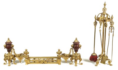 Lot 631 - A FINE 19TH CENTURY FRENCH ORMOLU AND ROUGE MARBLE ADJUSTABLE FENDER AND FIRE IRON COMPENDIUM