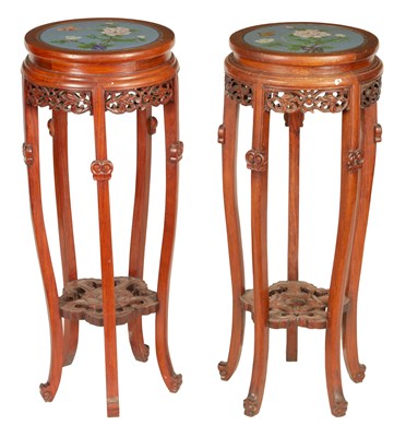 Lot 103 - A PAIR OF LATE 19TH/EARLY 20TH CENTURY HARDWOOD CHINESE JARDINIERE  STANDS WITH CLOISONNÉ ENAMEL TOPS