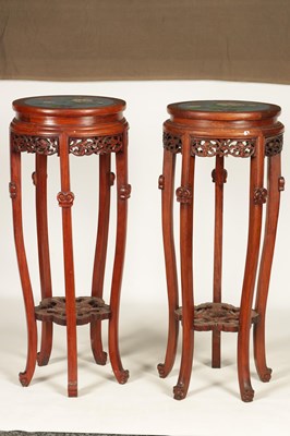 Lot 103 - A PAIR OF LATE 19TH/EARLY 20TH CENTURY HARDWOOD CHINESE JARDINIERE  STANDS WITH CLOISONNÉ ENAMEL TOPS