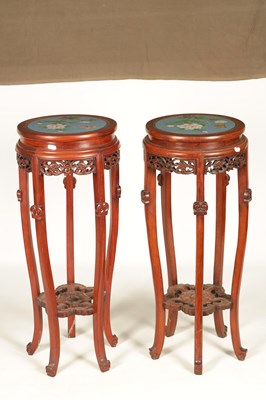 Lot 103 - A PAIR OF LATE 19TH/EARLY 20TH CENTURY HARDWOOD CHINESE JARDINIERE  STANDS WITH CLOISONNÉ ENAMEL TOPS