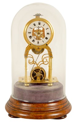 Lot 947 - A RARE 19TH CENTURY MINIATURE ENGLISH GILT BRASS SKELETON CLOCK