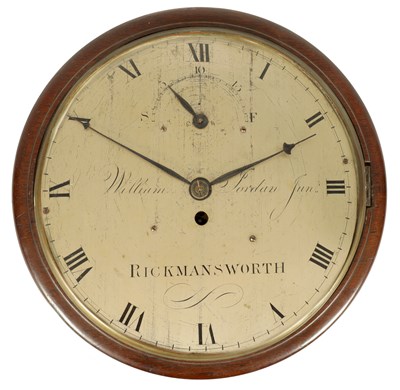 Lot 454 - WILLIAM JORDAN JUNIOR, RICKMANSWORTH A RARE EARLY 19TH CENTURY SILVERED DIAL FUSEE WALL CLOCK WITH REGULATION DIAL