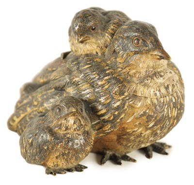 Lot 666 - A 19TH CENTURY BERGMAN STYLE COLD PAINTED ANIMALIER BRONZE INKWELL OF A BIRD WITH YOUNG