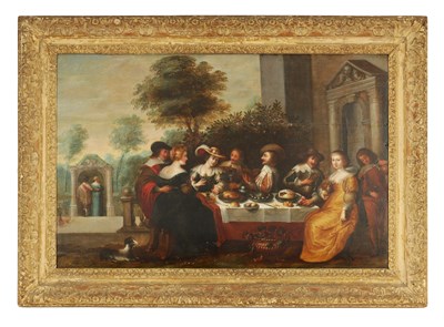 Lot 334 - CHRISTOFFEL JACOBSZ. A 17TH CENTURY OIL ON PANEL DEPICTING FIGURES DINING IN A LANDSCAPE SETTING