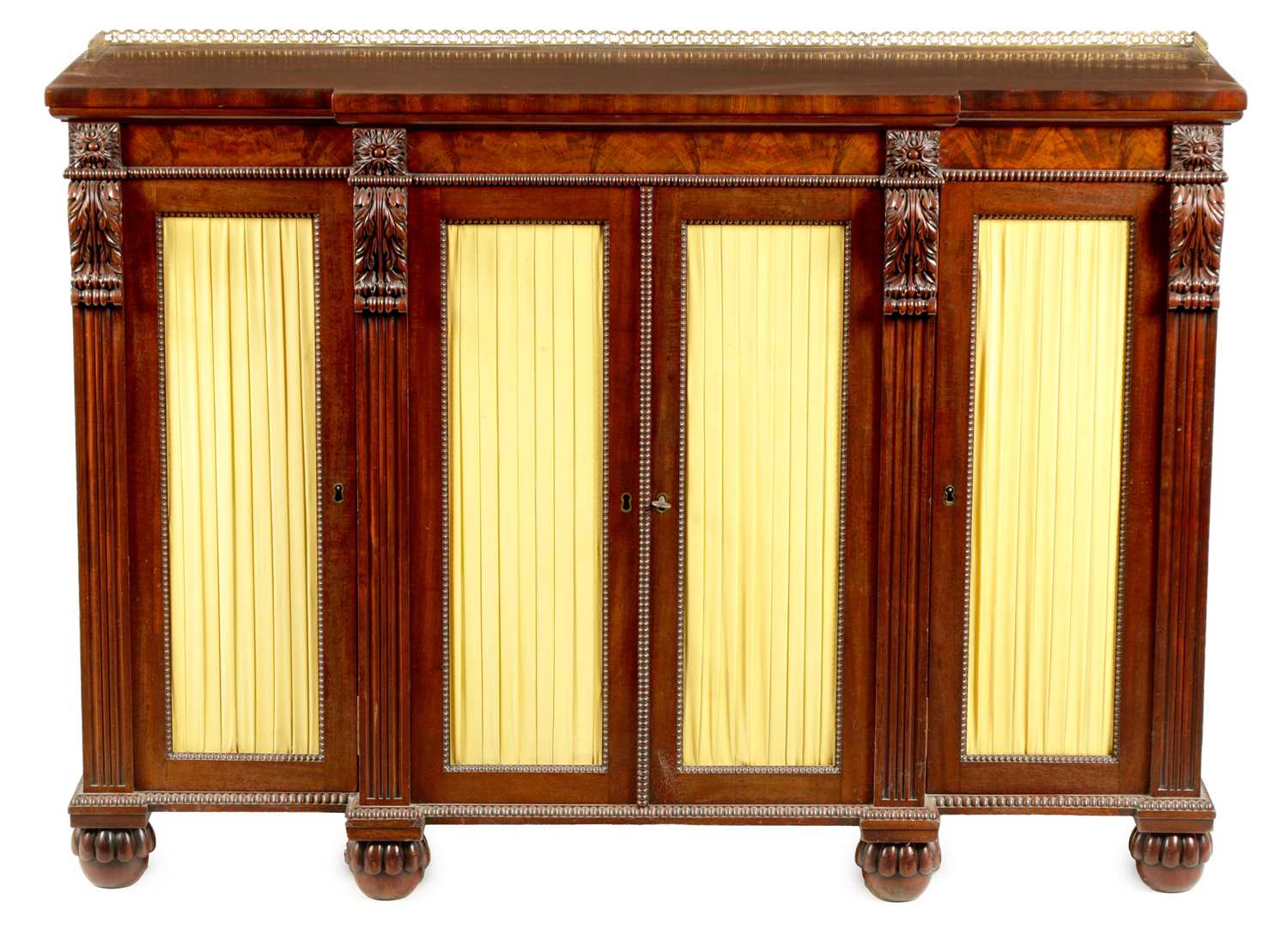 Lot 1177 - A FINE WILLIAM IV MAHOGANY BREAKFRONT SIDE CABINET IN THE MANNER OF GILLOWS