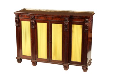 Lot 1177 - A FINE WILLIAM IV MAHOGANY BREAKFRONT SIDE CABINET IN THE MANNER OF GILLOWS