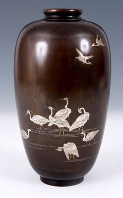 Lot 71 - A MEIJI PERIOD BRONZE VASE inlaid with silver...