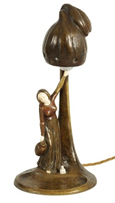 Lot 602 - PETER TERESZCZUK (1875 - 1963). A STYLISH EARLY 20TH CENTURY ART NOUVEAU BRONZE AND IVORY TABLE LAMP