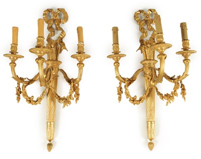 Lot 941 - A FINE LARGE PAIR OF 19TH CENTURY FRENCH EMPIRE STYLE ORMOLU THREE BRANCH WALL LIGHTS