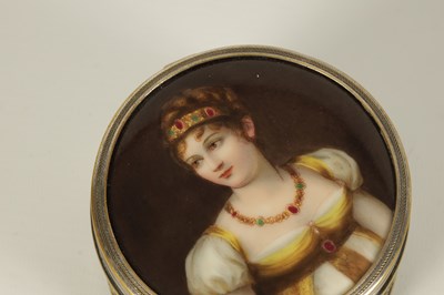 Lot 53 - A 19TH CENTURY CONTINENTAL WMF SILVERED DRESSING TABLE BOX WITH PORCELAIN PANELLED LID