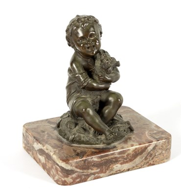 Lot 896 - A 19TH CENTURY FRENCH BRONZE SCULPTURE OF A SEATED CHILD WITH DOG