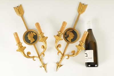 Lot 771 - A FINE PAIR OF 19TH CENTURY FRENCH EMPIRE STYLE TWO BRANCH ORMOLU AND BRONZE WALL LIGHTS