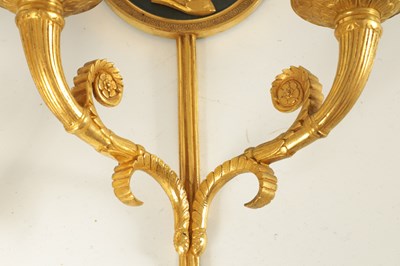Lot 771 - A FINE PAIR OF 19TH CENTURY FRENCH EMPIRE STYLE TWO BRANCH ORMOLU AND BRONZE WALL LIGHTS