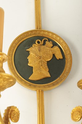 Lot 771 - A FINE PAIR OF 19TH CENTURY FRENCH EMPIRE STYLE TWO BRANCH ORMOLU AND BRONZE WALL LIGHTS