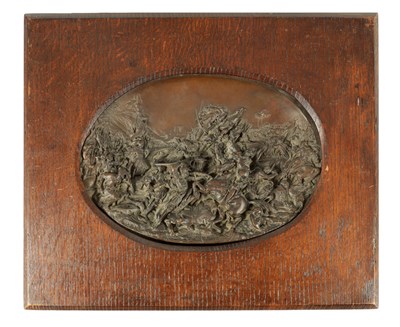 Lot 701 - AFTER JUSTIN MATHIEU. A 19TH CENTURY BRONZE OVAL PLAQUE MODELLED IN HIGH RELIEF DEPICTING A MEDIEVAL FRENCH BATTLE SCENE