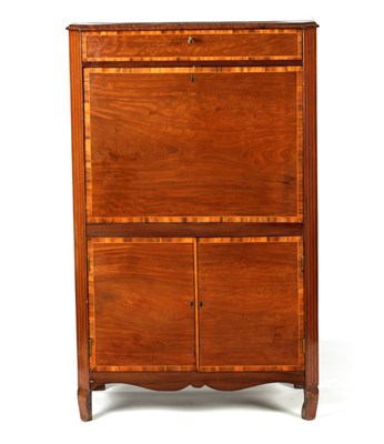 Lot 1084 - A GEORGE III FIGURED MAHOGANY AND BOXWOOD STRUNG SECRETAIRE CABINET IN THE MANNER OF INCE AND MAYHEW