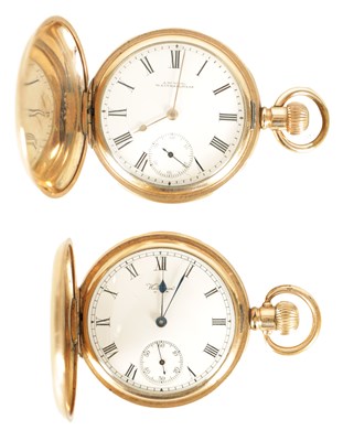 Lot 322 - TWO GOLD PLATED FULL HUNTER WALTHAM POCKET WATCHES