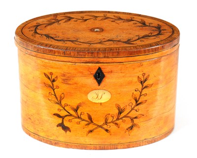 Lot 560 - A GEORGE III INLAID SATINWOOD OVAL SHAPED TEA CADDY