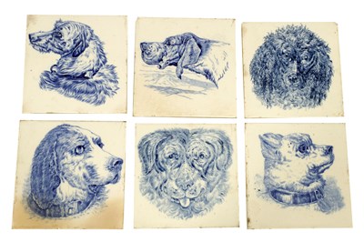 Lot 89 - A RARE SET OF SIX 19TH CENTURY WEDGWOOD BLUE AND WHITE TILES DEPICTING DOG PORTRAITS