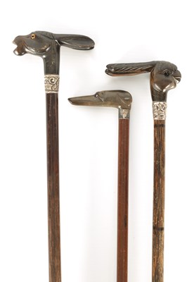 Lot 431 - A SELECTION OF THREE RHINOCEROS HORN HANDLE WALKING STICKS