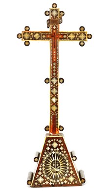 Lot 642 - AN 18TH/19TH CENTURY INDO-PORTUGUESE MOTHER OF PEARL AND BONE-INLAID CRUCIFIX