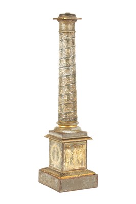 Lot 625 - AN UNUSUAL EARLY 19TH CENTURY TOLEWARE AND GILT BRONZE LAMP BASE SIGNED J J.ALLARS MODELLED AS TRAJAN’S COLUMN