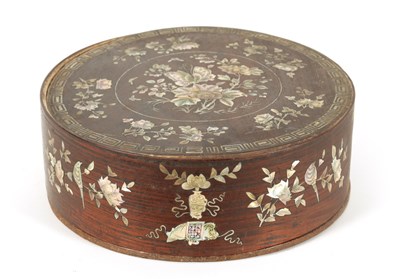 Lot 144 - A 19TH CENTURY CHINESE HARDWOOD AND MOTHER OF PEARL INLAID CIRCULAR BOX OF LARGE SIZE