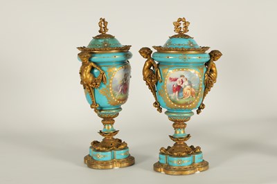 Lot 74 - A PAIR OF 19TH CENTURY FRENCH SEVRES STYLE ORMOLU MOUNTED VASES AND COVERS