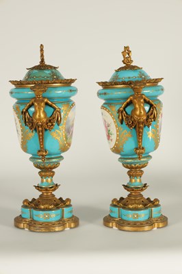 Lot 74 - A PAIR OF 19TH CENTURY FRENCH SEVRES STYLE ORMOLU MOUNTED VASES AND COVERS