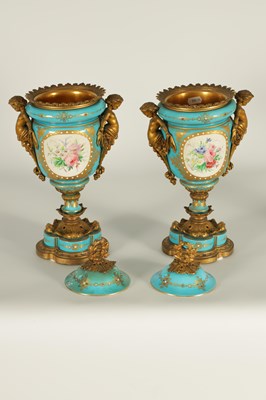 Lot 74 - A PAIR OF 19TH CENTURY FRENCH SEVRES STYLE ORMOLU MOUNTED VASES AND COVERS