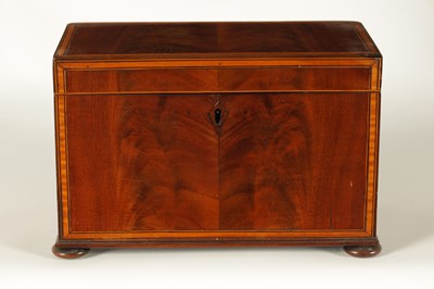 Lot 593 - A GEORGE III SATINWOOD STRUNG AND EBONY LINED FIGURED MAHOGANY TEA CADDY