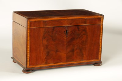 Lot 593 - A GEORGE III SATINWOOD STRUNG AND EBONY LINED FIGURED MAHOGANY TEA CADDY