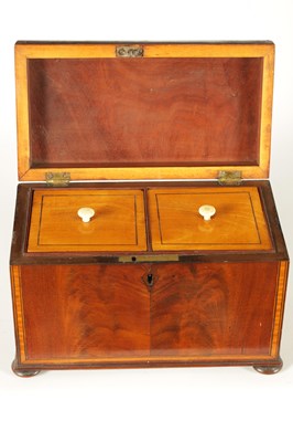 Lot 593 - A GEORGE III SATINWOOD STRUNG AND EBONY LINED FIGURED MAHOGANY TEA CADDY