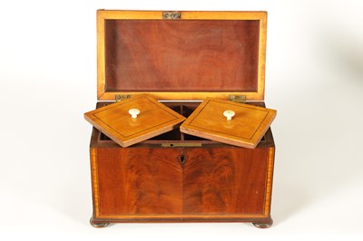 Lot 593 - A GEORGE III SATINWOOD STRUNG AND EBONY LINED FIGURED MAHOGANY TEA CADDY