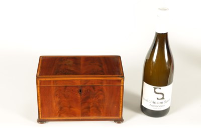 Lot 593 - A GEORGE III SATINWOOD STRUNG AND EBONY LINED FIGURED MAHOGANY TEA CADDY