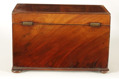 Lot 593 - A GEORGE III SATINWOOD STRUNG AND EBONY LINED FIGURED MAHOGANY TEA CADDY